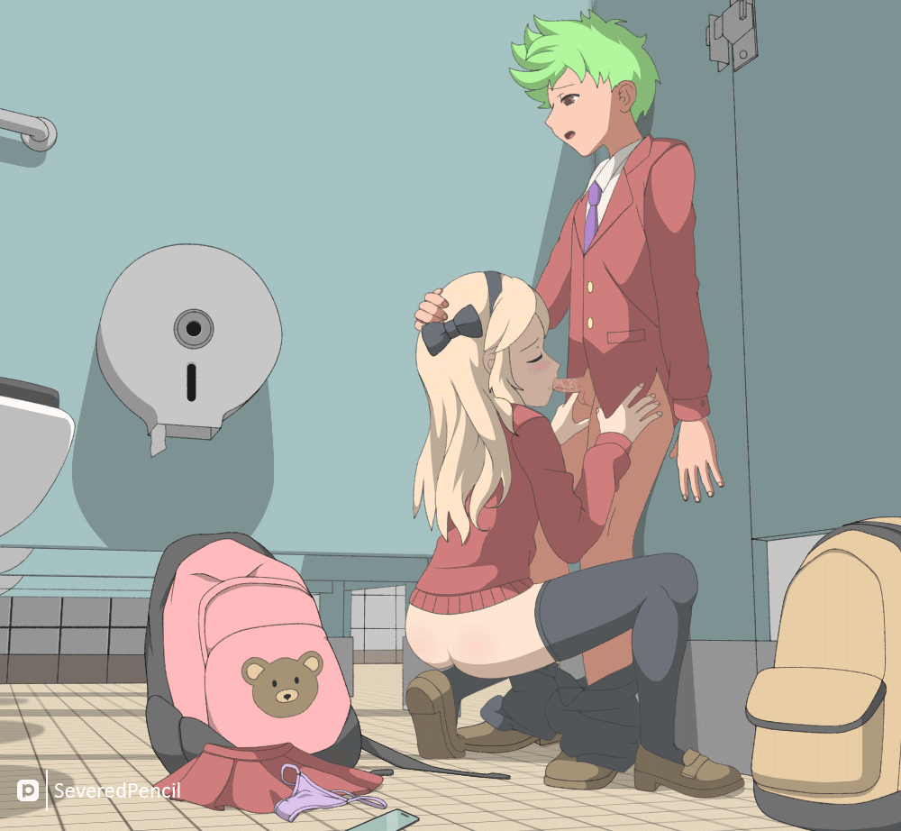 1boy 1girl against_wall animal_print animated animated_gif artist_name ass backpack bag bathroom bear_print blonde_hair blush bow butt_crack buttons cellphone closed_eyes clothes_pull colored_skin dark-skinned_male dark_skin erection fellatio fingernails green_hair hair_bow hairband hand_on_another's_head hand_on_another's_thigh hands_on_another's_hips hetero kneeling kodomo_doushi loli long_hair looking_at_another looking_down moaning necktie oral panties pants pants_pull penis phone pink_bag purple_necktie purple_panties red_shirt red_skirt school school_uniform severed_pencil shadow shirt shoes shota sidelocks skinny skirt smartphone standing testicles thighhighs tile_floor tile_wall tiles toilet toilet_paper toilet_seat toilet_stall underwear unworn_panties unworn_skirt