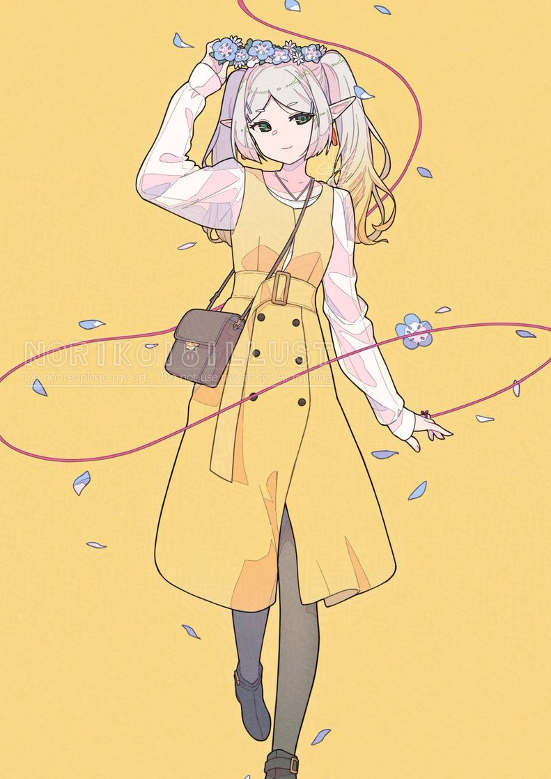 1girl artist_name bag black_boots black_pantyhose blue_flower blue_petals boots breasts brown_background center_opening closed_mouth commentary_request dress earrings elf falling_petals flower foot_out_of_frame frieren full_body green_eyes grey_hair head_wreath jewelry light_smile long_hair norikoi pantyhose parted_bangs petals pointy_ears see-through_clothes see-through_shirt shirt shirt_under_dress shoulder_bag small_breasts solo sousou_no_frieren string string_of_fate twintails white_shirt yellow_background yellow_dress
