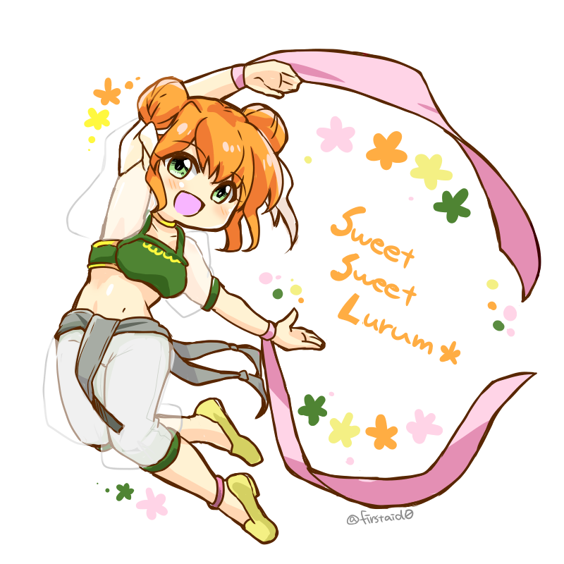 1girl breasts character_name dancer double_bun fire_emblem fire_emblem:_the_binding_blade green_eyes hair_bun larum_(fire_emblem) midriff navel nintendo open_mouth orange_hair small_breasts smile solo yukia_(firstaid0)