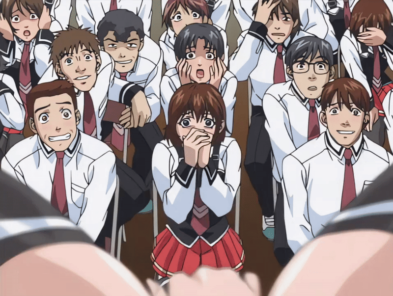 00s 2002 6+boys 6+girls animated animated_gif bible_black bible_black_gaiden blush bow bowtie breasts brown_hair cover_mouth cum cumming_hard fingering grin legs_apart mochida_junko multiple_boys multiple_girls necktie pervert public_indecency red_skirt school school_assembly school_hall school_uniform shirt shirts short_hair sitting skirt smile smirk surprised tagme thighhighs white_shirt