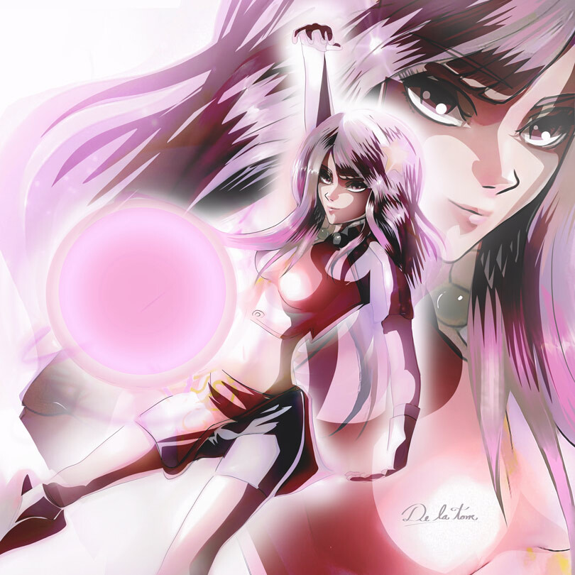 1girl asamiya_athena boots breasts collar female_focus hairband hand_up long_hair magic magical_girl medium_breasts pale_skin purple_eyes purple_hair shiny_skin shirt shurikmx smile star_(symbol) the_king_of_fighters thighs