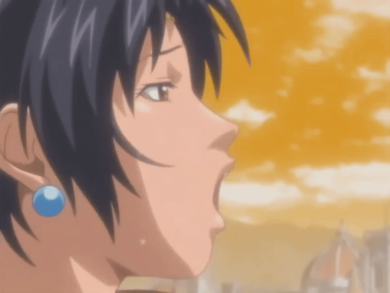 00s 1girl 2008 animated animated_gif arabian bible_black bible_black:_restored cloud cloudy_sky earrings hair_chain headpiece implied_sex jewelry open_mouth orange_sky short_hair sky sweat tagme