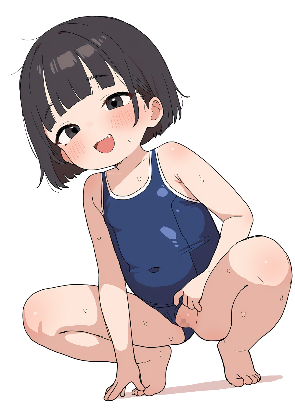 1girl :d barefoot black_eyes black_hair blue_one-piece_swimsuit blunt_bangs blush censored clothing_aside competition_school_swimsuit covered_navel fang flat_chest full_body kuma-san loli looking_at_viewer mosaic_censoring one-piece_swimsuit open_mouth original pussy school_swimsuit short_hair simple_background smile solo squatting sweat swimsuit swimsuit_aside toes white_background