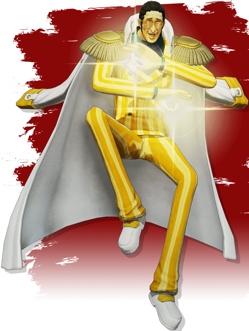 1boy 3d bandai_namco black_hair devil_fruit_power formal_clothes full_body glowing jacket jacket_on_shoulders kizaru_(one_piece) military military_uniform official_art one_piece one_piece:_pirate_warriors_4 pants shirt short_hair simple_background smile solo suit