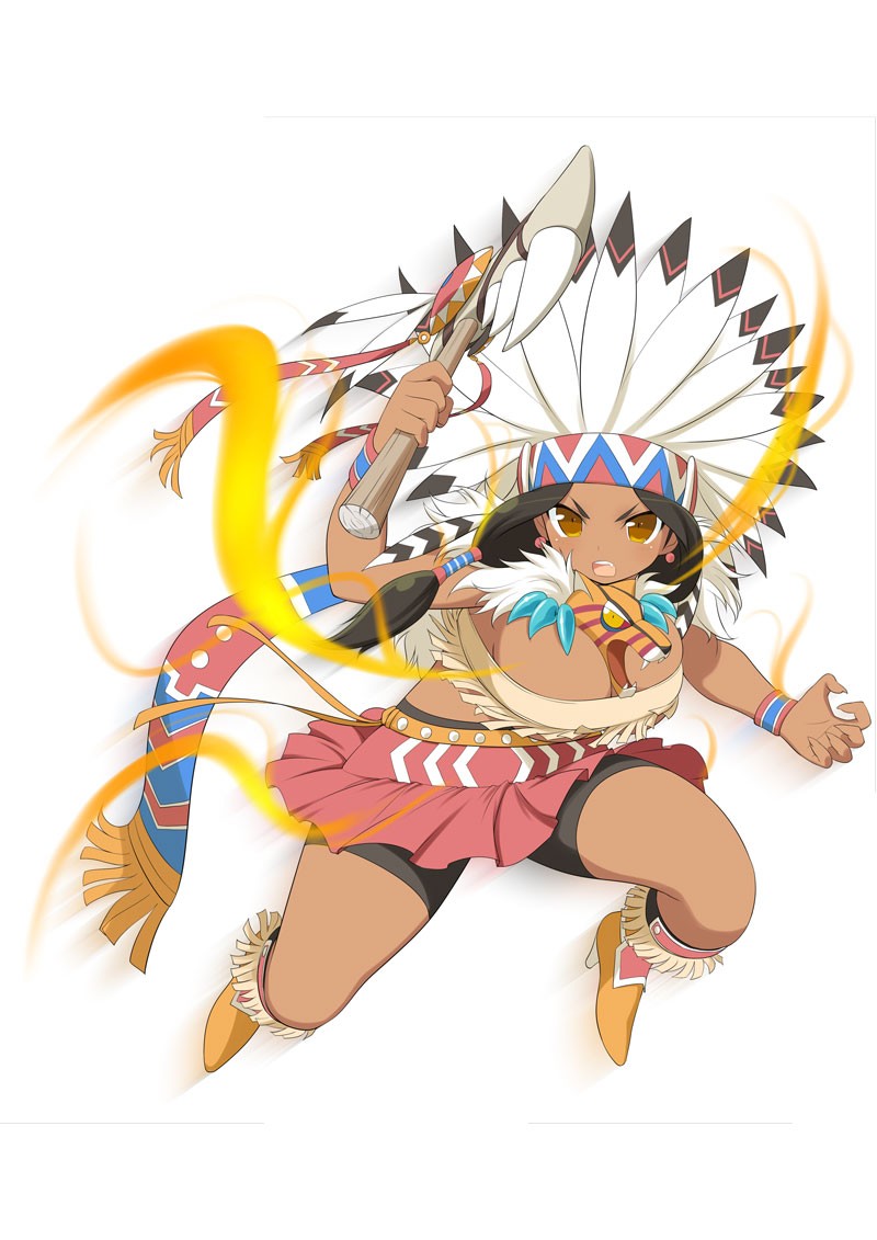 1girl armor aura axe belt bike_shorts bike_shorts_under_skirt boots border breasts brown_belt brown_boots brown_eyes brown_hair card_(medium) claw_pose cleavage dark-skinned_female dark_skin energy feather_hair_ornament feathers fringe_trim greaves hair_ornament hairclip headdress holding holding_axe large_breasts long_hair looking_at_viewer low-tied_long_hair low_twintails matsuri_(senran_kagura) multicolored_scarf native_american native_american_clothes native_american_headdress official_art pink_skirt scarf senran_kagura senran_kagura_new_wave simple_background skirt solo studded_belt teeth tiger_mask_(object) tomahawk twintails upper_teeth_only warbonnet white_background