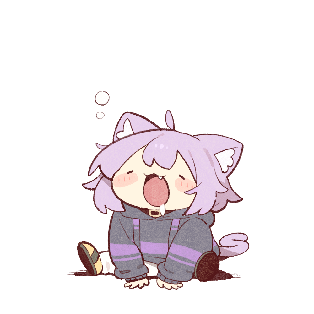 1girl ahoge animal_ears black_hoodie cat_ears cat_girl cat_tail chibi closed_eyes cocomayo29_(tomato) commentary_request drooling hololive hood hoodie korean_commentary medium_hair mouth_drool nekomata_okayu nekomata_okayu_(1st_costume) open_mouth pants purple_eyes solo tail virtual_youtuber white_pants
