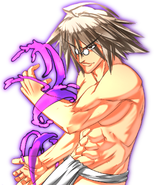 1boy abs ahoge arm_up artist_request cowboy_shot facing_ahead game_cg hair_over_one_eye labyrinth_of_touhou labyrinth_of_touhou_(series) lowres male_focus morichika_rinnosuke muscular muscular_male non-web_source outline purple_outline retro_artstyle round_eyewear smirk spiked_hair topless_male touhou transparent_background umbrakinesis underwear underwear_only white_loincloth