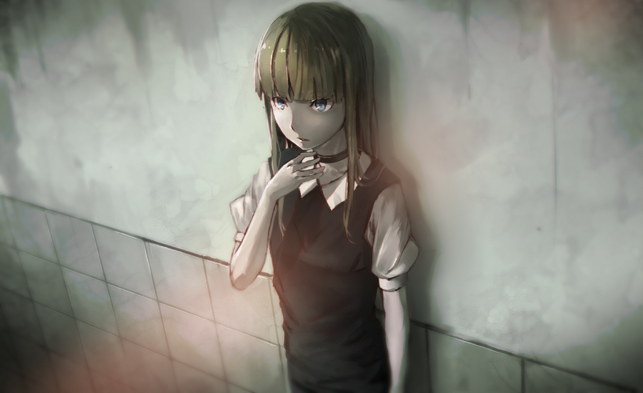 Anime girl leaning against a wall