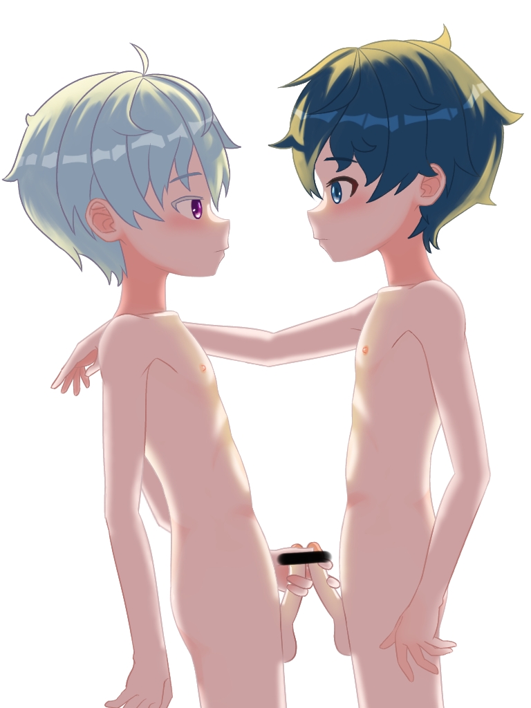 2boys artist_request bar_censor blue_eyes blue_hair blush censored character_request closed_mouth completely_nude erection face-to-face frottage hand_on_another's_shoulder kodomo_doushi male_focus multiple_boys nipples nude original penis penises_touching purple_eyes shota standing testicles white_background yaoi