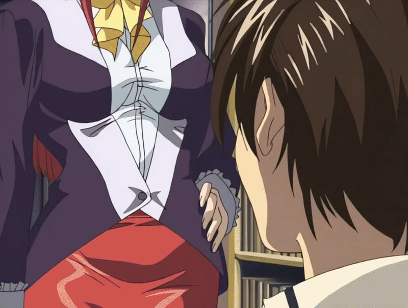 00s 1girl 2001 age_difference animated animated_gif anime_screenshot bible_black bible_black_night_of_the_walpulgiss bow classroom jacket lipstick long_hair makeup mature_female minase_taki older_female_and_younger_male pencil_skirt purple_eyes purple_jacket red_hair red_skirt school shirt skirt smile solo tagme takashiro_hiroko teacher teacher_and_student white_shirt yellow_bow