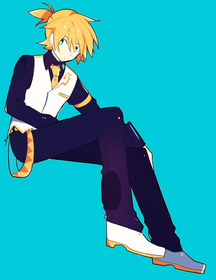1boy armband bass_clef belt blonde_hair blue_background blue_eyes collared_shirt full_body high_ponytail hikusa invisible_chair kagamine_len long_sleeves looking_to_the_side male_focus necktie pants ponytail shirt short_ponytail sitting solo vest vocaloid