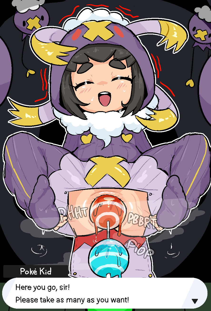 1girl anal anal_beads anal_object_insertion black_hair blush calamity33 character_name closed_eyes cosplay dialogue_box drifloon facing_viewer female_focus food full_body gen_4_pokemon highres kigurumi loli nintendo object_insertion open_mouth poke_kid_(pokemon) pokemon pokemon_swsh sex_toy short_eyebrows short_hair smile solo spread_legs sweat teeth thick_eyebrows upper_teeth_only