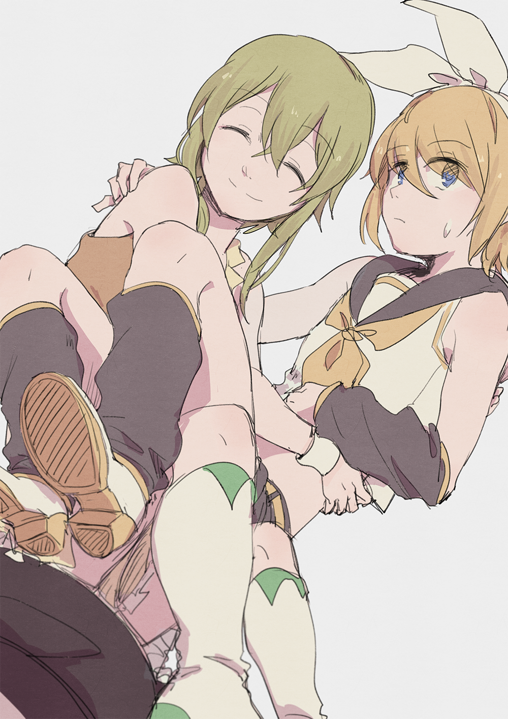 2girls arm_warmers arms_around_waist black_arm_warmers black_sailor_collar black_shorts blonde_hair blue_eyes boots bow closed_eyes closed_mouth commentary_request cropped_shirt detached_sleeves green_hair gumi hair_bow hairband highres kagamine_rin looking_at_watch medium_hair multiple_girls sailor_collar shirt shoes short_hair shorts sidelocks simple_background sitting sitting_on_lap sitting_on_person sleeveless sleeveless_shirt smile split_mouth sweatdrop vocaloid white_background white_boots white_bow white_hairband white_shirt white_shoes wounds404