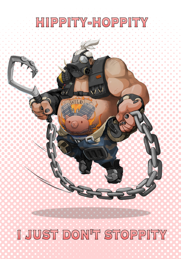 1boy armor bandolier bankage belt black_nails bracelet camouflage camouflage_pants chain chibi english_text fat fat_man fingerless_gloves gas_mask gloves grey_hair hook jewelry jump_rope knee_pads male_focus mask muscular nail_polish navel overwatch overwatch_1 pants pauldrons pig_tattoo poem roadhog_(overwatch) shoulder_armor single_pauldron solo spikes stomach_tattoo studded_bracelet tattoo topless_male weapon