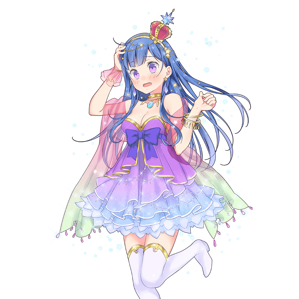 1girl bare_shoulders blue_dress blue_hair boots bracelet breasts cape chest_ribbon cleavage crown dress frilled_dress frills gold_choker gold_hairband gradient_clothes gradient_dress hairband hand_on_own_head jewelry long_hair medium_breasts mini_crown necklace purple_dress purple_eyes rainbow_cape riona_(uchihime) see-through_cape thigh_boots uchi_no_hime-sama_ga_ichiban_kawaii white_boots