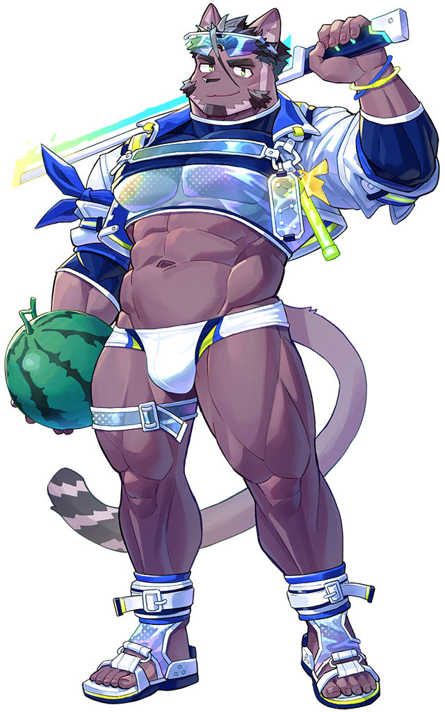 1boy abs alternate_costume animal_ears animal_nose bare_pectorals beard black_hair blue_scarf bracelet bulge cat cat_ears cat_tail closed_mouth facial_hair food fruit furry furry_male groin holding holding_food holding_fruit holding_sword holding_watermelon holding_weapon jacket jewelry large_pectorals lightstick live_a_hero male_focus male_swimwear muscular muscular_male navel official_alternate_costume official_art over_shoulder pectorals purple_fur sandals scarf short_hair smile strap sunglasses swim_briefs sword sword_over_shoulder syukapong tail thick_eyebrows thick_thighs thigh_strap thighs toenails toes translucent_swimsuit transparent tsuneaki_(live_a_hero) watermelon weapon weapon_over_shoulder white_jacket white_male_swimwear yellow_eyes