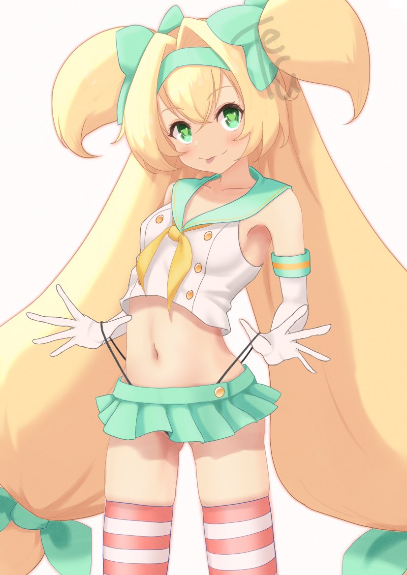 1girl :p artist_name bare_shoulders big_hair blazblue blonde_hair blush bow breasts collarbone cosplay cowboy_shot crop_top elbow_gloves gloves gluteal_fold green_bow green_eyes green_hairband green_sailor_collar green_skirt hair_intakes hairband heart heart-shaped_pupils loli long_hair looking_at_viewer low-tied_long_hair microskirt midriff multiple_hairbands navel neckerchief panties panty_lift pink_thighhighs platinum_the_trinity pleated_skirt quad_tails sailor_collar shimakaze_(kancolle) shimakaze_(kancolle)_(cosplay) shirt signature simple_background skirt sleeveless sleeveless_shirt small_breasts smile solo striped_clothes striped_thighhighs symbol-shaped_pupils teru_(te87024871) thighhighs tongue tongue_out two-tone_thighhighs two_side_up underwear very_long_hair white_background white_gloves white_shirt white_thighhighs yellow_neckerchief