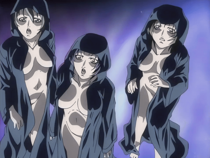 00s 2002 3girls animated animated_gif basement bible_black bible_black_gaiden breasts brown_hair cloak green_eyes green_hair hood kozono_nami large_breasts lipstick makeup morita_rie multiple_girls open_mouth purple_hair ritual robe shido_saki short_hair smile summoning surprised tagme yellow_eyes