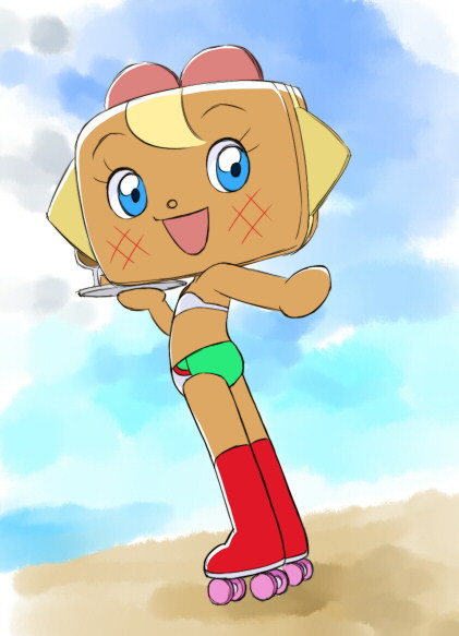 1girl anpanman beach bikini blonde_hair blue_eyes blush boots cloud cup drink drinking_glass flat_chest food from_behind green_bikini grey_bikini holding holding_tray hotsand-chan loli looking_at_viewer looking_back ocean open_mouth red_boots roller_skates sand sandwich skates sky smile standing swimsuit tray water yamanokonza