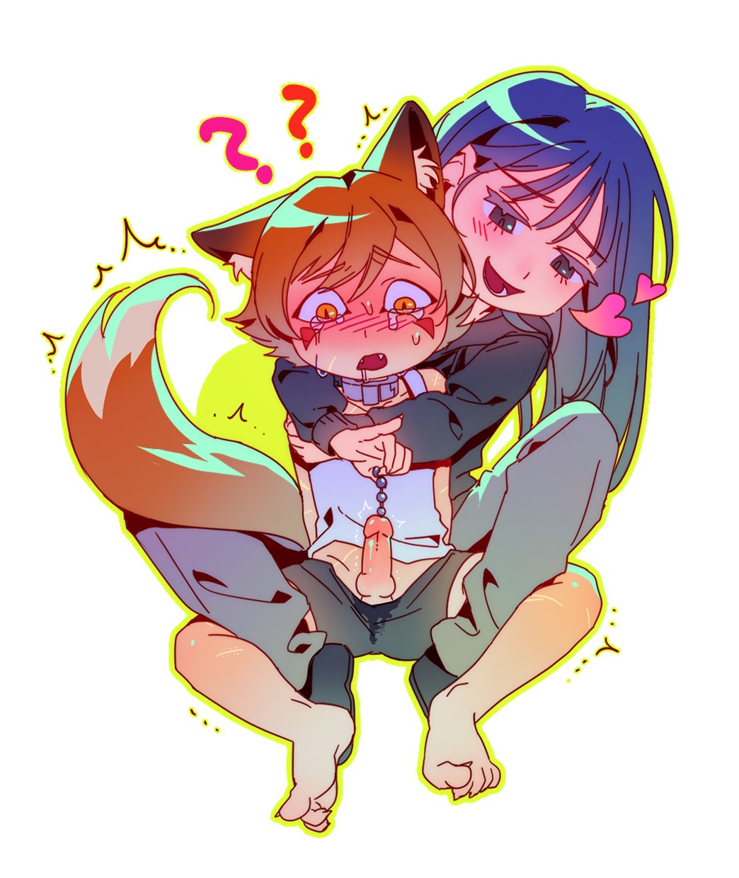 :d ? ?? animal_ears arm_around_shoulder arms_behind_back bdsm black_shirt black_shorts blue_hair blunt_bangs blush boyfriend_to_death cbt collar commentary crying crying_with_eyes_open drooling english_commentary erection femdom fox_ears fox_tail furry furry_male gift_art green_outline grin heart highres hug hug_from_behind interlocked_legs long_hair long_sleeves open_mouth original outline penis ren_hana_(boyfriend_to_death) sex_toy sex_toy_pull shirt shorts smile soureeeee spread_legs straight_hair tail tank_top tears urethral_beads urethral_insertion white_shirt