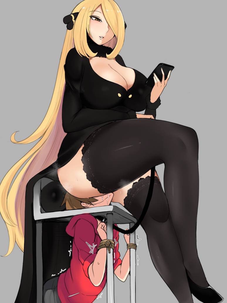 facesiting  shotacon hentai cynthia (pokemon), nintendo, pokemon, pokemon dppt, black footwear, black  legwear, artist request, 1boy, 1girl, age difference, anilingus, ass,  assertive female, bdsm, blonde hair, blush, bondage, bound, breasts, brown  hair, cellphone, chair, chair