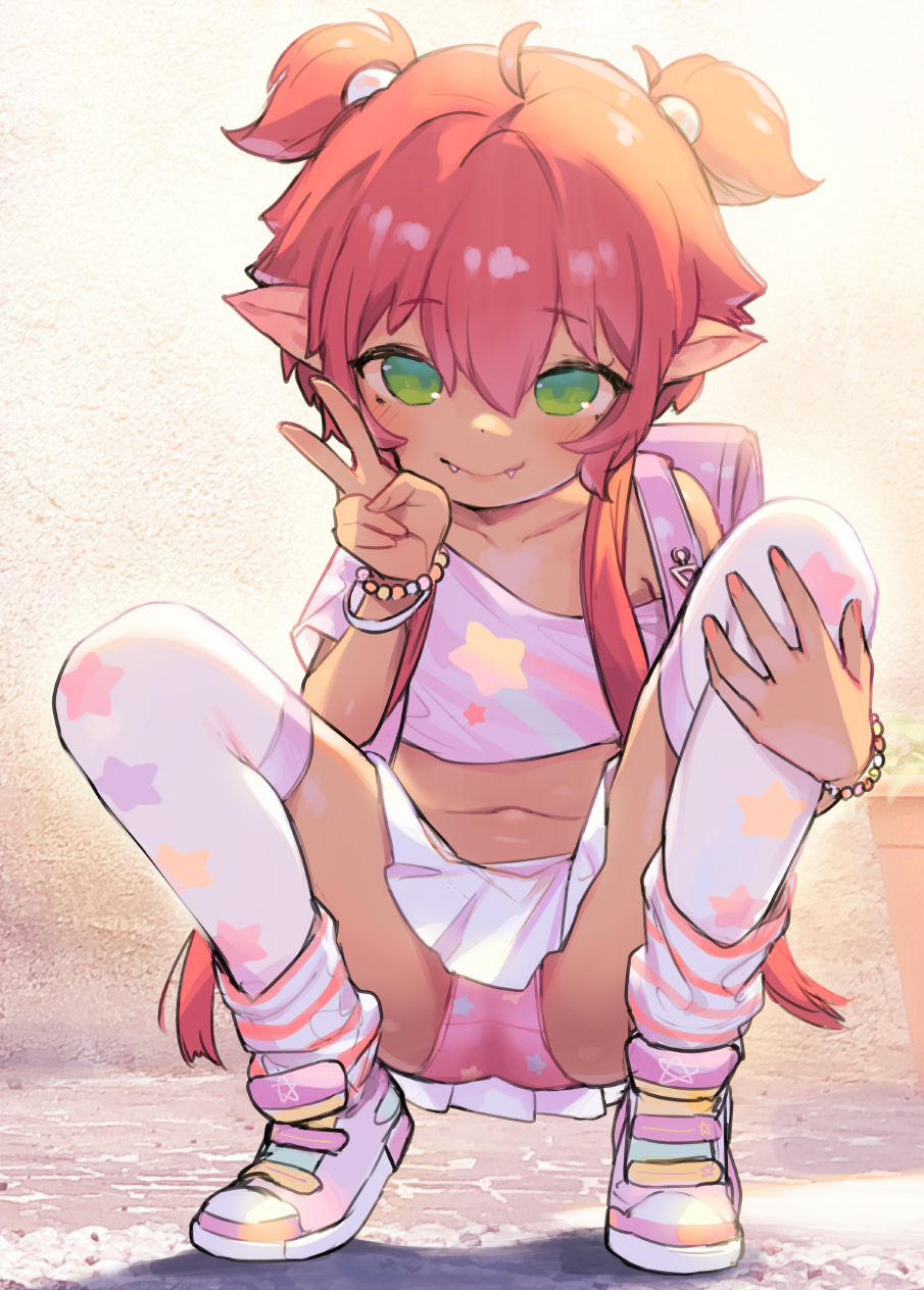 1girl ass backpack bag commission crop_top dark-skinned_female dark_skin elf fangs full_body green_eyes gyaru henreader highres indie_virtual_youtuber jojifuku kipa_(vtuber) legs loli midriff miniskirt navel off_shoulder orange_hair panties pantyshot pink_panties pink_shirt pink_shoes pink_thighhighs pixiv_commission pointy_ears print_panties print_shirt print_thighhighs randoseru revealing_clothes shirt shoes short_sleeves skirt smile solo spread_legs squatting tan thighhighs thighs two_side_up underwear upskirt v virtual_youtuber