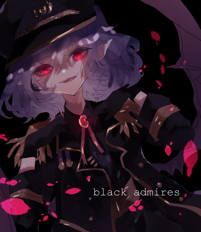 1girl alternate_costume black_background black_hat black_shirt brooch brown_wings collared_shirt commentary_request demon_wings dutch_angle english_text engrish_text hat jewelry looking_at_viewer medium_hair military_hat military_uniform one-hour_drawing_challenge open_mouth pointy_ears purple_hair ranguage red_eyes remilia_scarlet shinjitsu_no_kuchi shirt smile solo touhou upper_body wings