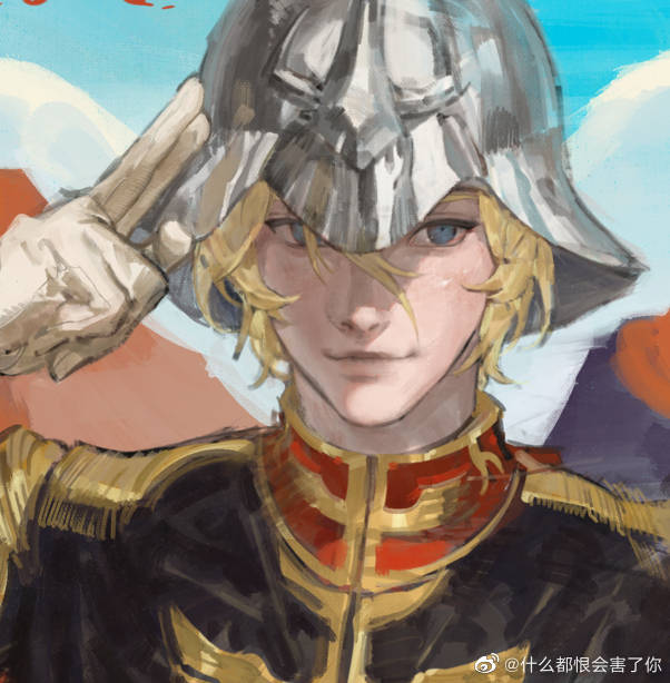 1boy bad_source blonde_hair blue_eyes char_aznable gloves gundam helmet looking_at_viewer male_focus military military_uniform painterly portrait pulppunk001 realistic salute sky smile solo watermark weibo_username weibo_watermark white_gloves zeon zeta_gundam