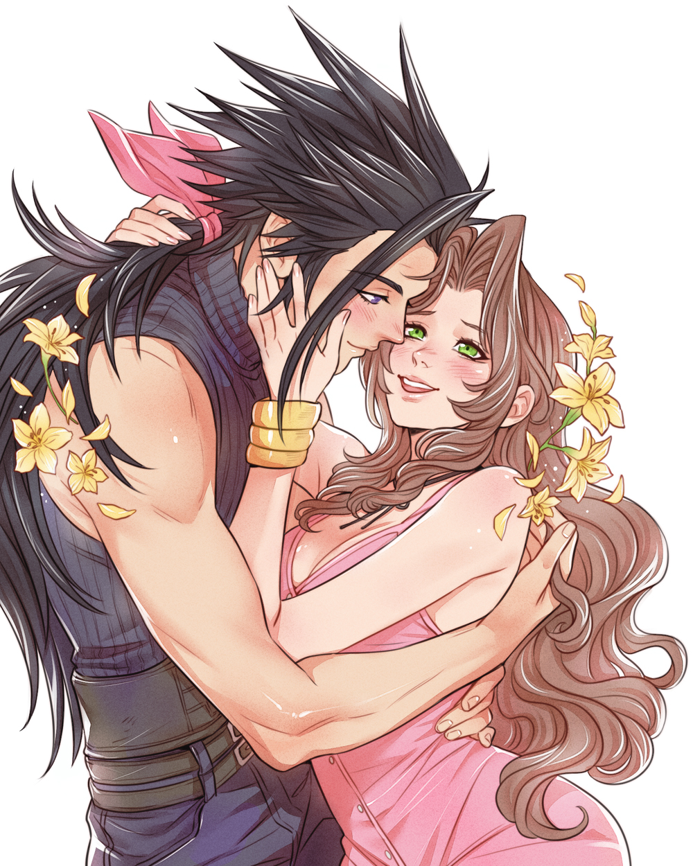 1boy 1girl aerith_gainsborough bare_shoulders belt black_hair blue_eyes blush bracelet breasts brown_hair cleavage commentary couple crisis_core:_final_fantasy_vii crylin6 dress english_commentary face-to-face final_fantasy final_fantasy_vii flower from_side green_eyes hair_ribbon hand_on_another's_cheek hand_on_another's_face hetero highres hug jewelry long_hair looking_at_another low_ponytail medium_breasts multiple_belts open_mouth petals pink_dress pink_ribbon ponytail profile ribbed_sweater ribbon sleeveless sleeveless_turtleneck spiked_hair sweater turtleneck turtleneck_sweater upper_body white_background yellow_flower yellow_petals zack_fair
