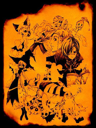1girl 3boys 3others :d animal_ear_request animal_ears arm_up arms_behind_head bat_(animal) black_collar black_shoes book broom burnt_paper closed_mouth collar dress frankenstein's_monster full_body gloves grid_teeth hair_between_eyes halloween hand_on_own_hip hat hitodama holding holding_book holding_broom inverted_cross_necklace looking_at_viewer mapping_pen_(medium) medium_hair monochrome multiple_boys multiple_others mummy navel object_through_head one_eye_closed open_book open_mouth orange_theme original pants parted_lips pastel_(medium) profile pumpkin_mask sash screw_in_head sheet_ghost shirt shoes short_hair short_sleeves skull smile spirit standing star_(symbol) star_in_eye stitched_face stitches striped_clothes striped_shirt symbol_in_eye topless_male traditional_media upside-down witch witch_hat yamamoto_yamato
