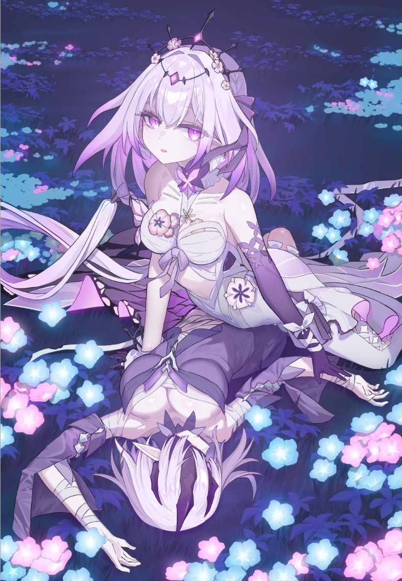 2girls arm_up bandaged_arm bandages bare_shoulders black_mask black_tiara blue_flower breasts bright_pupils butterfly_brooch camomo_nay castorice_(honkai:_star_rail) chest_sarashi cleavage closed_mouth corsage covered_eyes detached_sleeves dress elbow_gloves expressionless field flower flower_field girl_on_top gloves gradient_hair hair_intakes hair_ribbon hand_on_another's_wrist head_chain honkai:_star_rail honkai_(series) jewelry large_breasts long_hair looking_at_viewer lying lying_on_person medium_breasts midriff miniskirt multicolored_hair multiple_girls on_back pantyhose parted_lips pink_flower pointy_ears polyxia_(honkai:_star_rail) profile purple_dress purple_eyes purple_gloves purple_hair purple_ribbon ribbon sarashi shiny_skin short_hair siblings sisters skirt sleeve_slit straddling tiara turning_head twins very_long_hair white_pantyhose white_pupils white_skirt