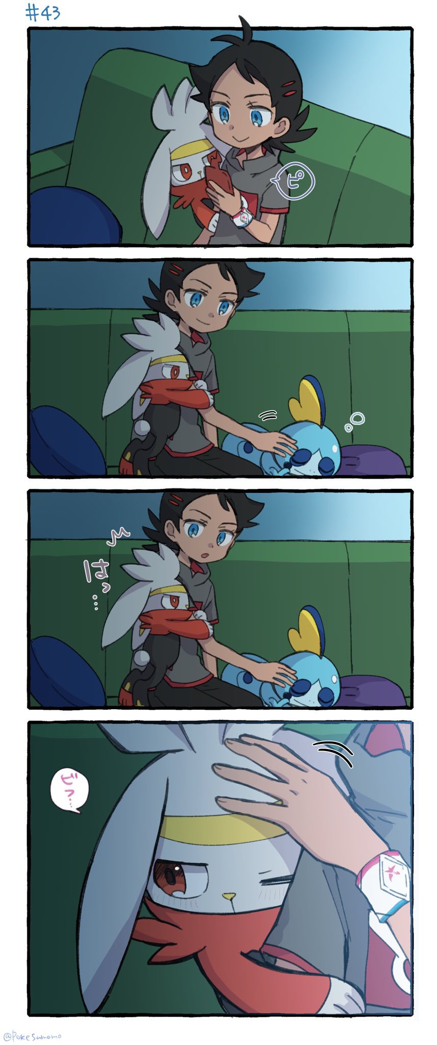 1boy 4koma :o antenna_hair black_hair black_pants blue_eyes border closed_mouth comic commentary_request couch dynamax_band eyelashes gen_8_pokemon goh_(pokemon) grey_shirt highres male_focus nintendo pants patting pokemon pokemon_(anime) pokemon_(creature) pokemon_journeys pokesumomo raboot shirt short_sleeves sitting smile sobble speech_bubble white_border