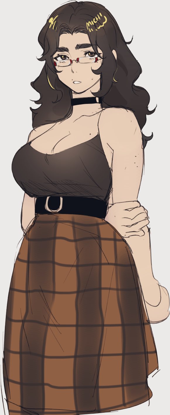 1girl arm_behind_back artist_self-insert bare_arms bare_shoulders belt black_belt black_camisole black_choker black_eyes black_hair breasts brown_skirt camisole choker cleavage collarbone commentary cowboy_shot english_commentary glasses hand_on_own_arm highres large_breasts long_hair michiroon michiroon_(michiroon) original parted_bangs parted_lips plaid_clothes plaid_skirt red-framed_eyewear simple_background skirt solo spaghetti_strap thick_eyebrows wavy_hair