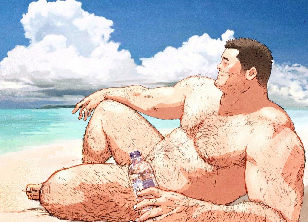 1boy arm_hair bara bare_pectorals barefoot beard_stubble belly biceps black_hair blue_sky bota86mochi bottle chest_hair closed_eyes cloud cloudy_sky completely_nude convenient_censoring facial_hair fat fat_man hairy holding holding_bottle leg_hair looking_to_the_side male_focus mustache_stubble navel nipples nude nudist ocean on_ground original pectorals sand sitting sky smile stomach_hair stubble