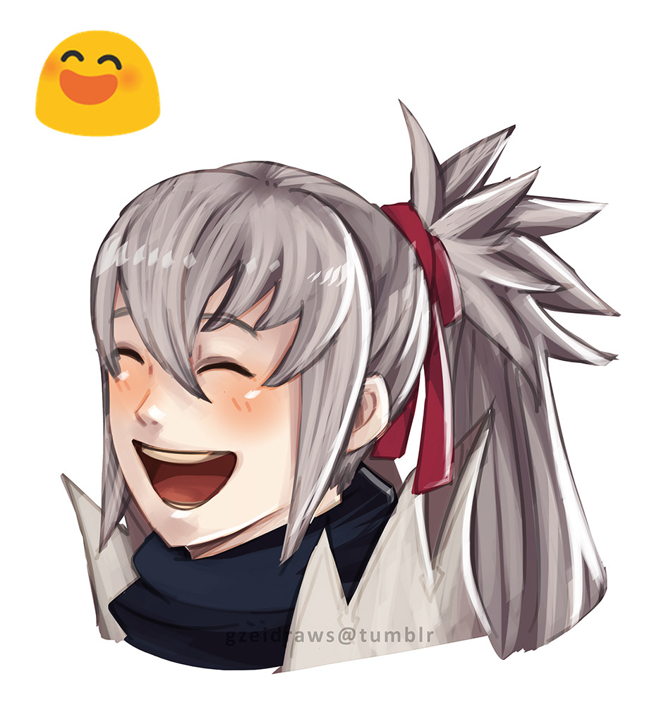 1boy closed_eyes emoji fire_emblem fire_emblem_fates gzei hair_between_eyes hair_ribbon male_focus nintendo open_mouth red_ribbon ribbon smile takumi_(fire_emblem) teeth