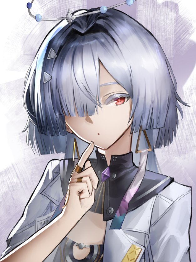 1girl angelo_(angeloart26) colored_eyelashes commentary earrings grey_hair hair_over_one_eye halo hand_up index_finger_raised jewelry long_hair mornye_(wuthering_waves) red_eyes solo triangle_earrings upper_body wuthering_waves