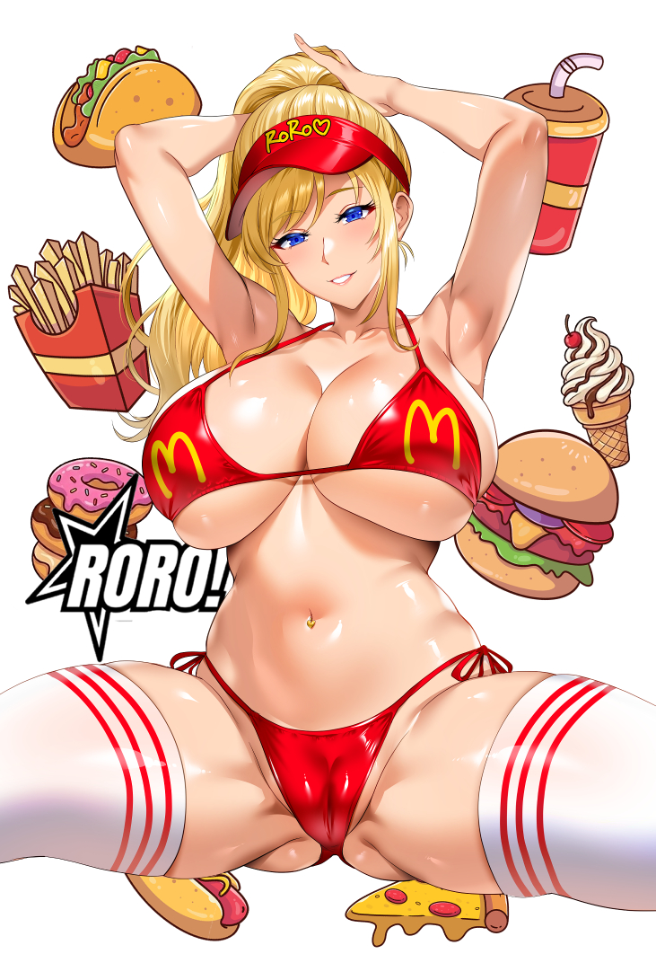 1girl adjusting_hair armpits arms_up bikini blonde_hair blue_eyes breasts burger cleavage commentary_request donut flag_print flag_print_bikini food french_fries grin groin halterneck high_ponytail hot_dog hozumi_kenji huge_breasts ice_cream large_breasts long_hair mcdonald's navel original pizza pizza_slice ponytail print_bikini red_bikini side-tie_bikini_bottom sitting smile spread_legs swimsuit taco thighhighs underboob visor_cap white_thighhighs