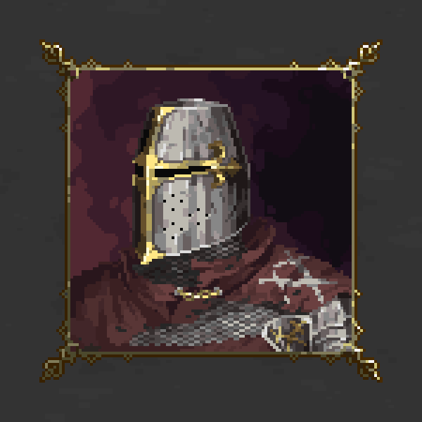 ambiguous_gender armor border chainmail commentary english_commentary frivolousknight grey_background helm helmet inset_border knight original ornate_border pixel_art portrait red_shawl shawl torn_clothes