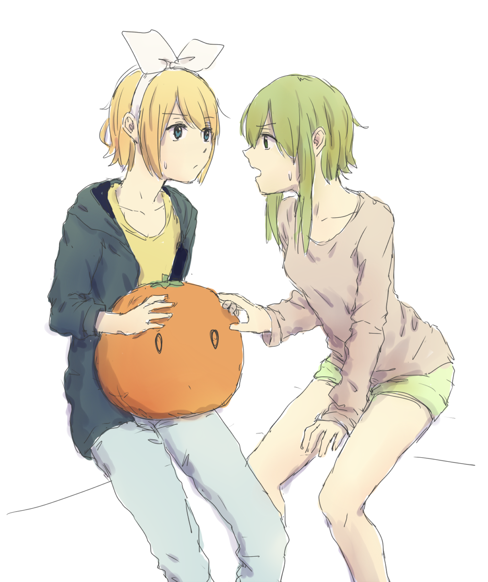 2girls black_jacket blonde_hair blue_eyes bow commentary_request green_hair grey_pants grey_shirt gumi hair_bow hairband highres holding holding_pillow jacket kagamine_rin looking_at_another multiple_girls open_clothes open_jacket open_mouth pants pillow shirt short_hair shorts sidelocks simple_background sitting sweatdrop vocaloid white_background white_bow white_hairband wounds404 yellow_shirt yellow_shorts