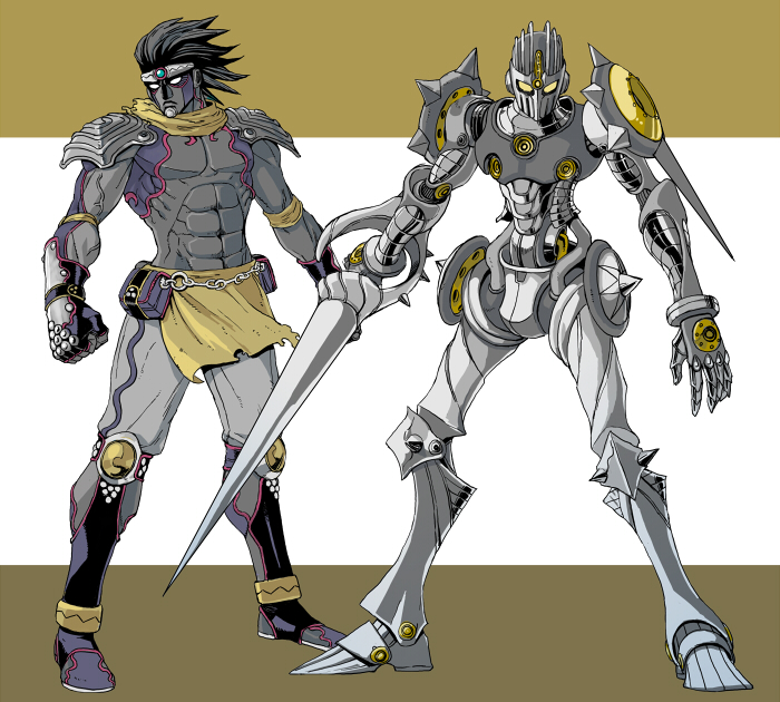 2boys abs armor black_hair body_markings boots chain_belt circlet closed_mouth colored_skin commentary_request cyborg fingerless_gloves frown gauntlets gloves greaves grey_skin helmet holding holding_polearm holding_weapon jojo_no_kimyou_na_bouken knee_armor knight lance letterboxed looking_at_viewer looking_to_the_side mahito_(tranjistor) medium_hair multiple_boys muscular muscular_male no_humans no_pupils partial_commentary pelvic_curtain polearm redesign shoulder_armor silver_chariot stand_(jojo) star_platinum stardust_crusaders veins waist_bag weapon white_background yellow_eyes
