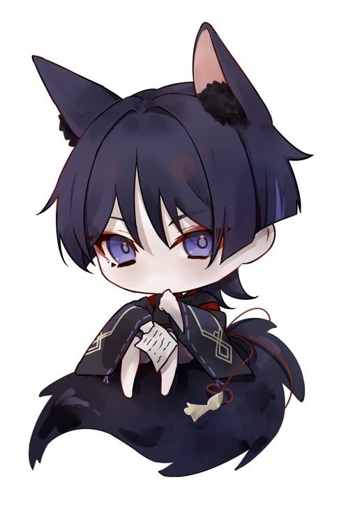 1boy animal_ear_fluff animal_ears black_hair black_sleeves blunt_ends chibi clothing_cutout eyeliner eyeshadow fox_boy fox_ears fox_tail furisode genshin_impact holding holding_paper japanese_clothes kariginu kima_gure_k kimono kuronushi_(genshin_impact) layered_sleeves makeup male_focus multicolored_hair no_mouth paper purple_eyes purple_hair purple_shorts red_eyeliner red_eyeshadow red_kimono red_sleeves ribbon-trimmed_sleeves ribbon_trim scaramouche_(genshin_impact) shorts shoulder_cutout sitting_on_tail solo streaked_hair string tail white_background wide_sleeves wispy_bangs
