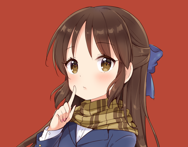 1girl blue_bow blue_jacket blush bow brown_eyes brown_hair brown_scarf commentary_request hair_between_eyes hair_bow idolmaster idolmaster_cinderella_girls index_finger_raised jacket long_hair long_sleeves looking_at_viewer plaid_clothes plaid_scarf red_background scarf simple_background solo tachibana_arisu upper_body yazawa_oke