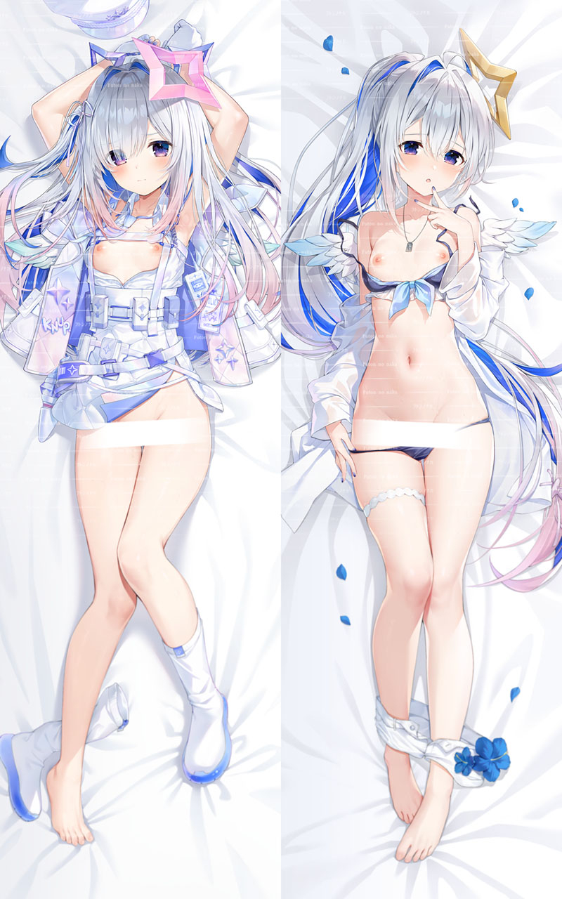 acco_(sh_in) amane_kanata angel_wings barefoot commentary_request dakimakura_(medium) dakimakura_(object) feet halo highres hololive mini_wings pillow star_halo toes virtual_youtuber white_wings wings