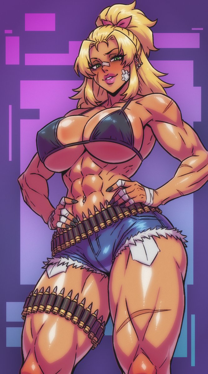 1girl abs ammunition_belt armpit_peek ass_peek bandaged_fingers bandaged_hand bandages bandaid bandaid_on_cheek bandaid_on_face bandaid_on_nose bare_arms bare_legs bare_shoulders bikini black_bra black_nails blonde_hair blue_shorts bra breasts cleavage collarbone commentary csaurageul dark-skinned_female dark_skin denim denim_shorts ear_piercing english_commentary facial_scar green_eyes grin hair_ribbon hands_on_own_hips high_ponytail highres large_breasts long_eyelashes long_hair looking_at_viewer micro_bikini midriff muscular muscular_female navel navel_piercing obliques original piercing pink_lips ponytail ribbon scar scar_on_arm scar_on_cheek scar_on_face scar_on_shoulder scar_on_thighs shiny_skin short_shorts shorts sideboob smile standing swimsuit thick_thighs thighs underboob underwear