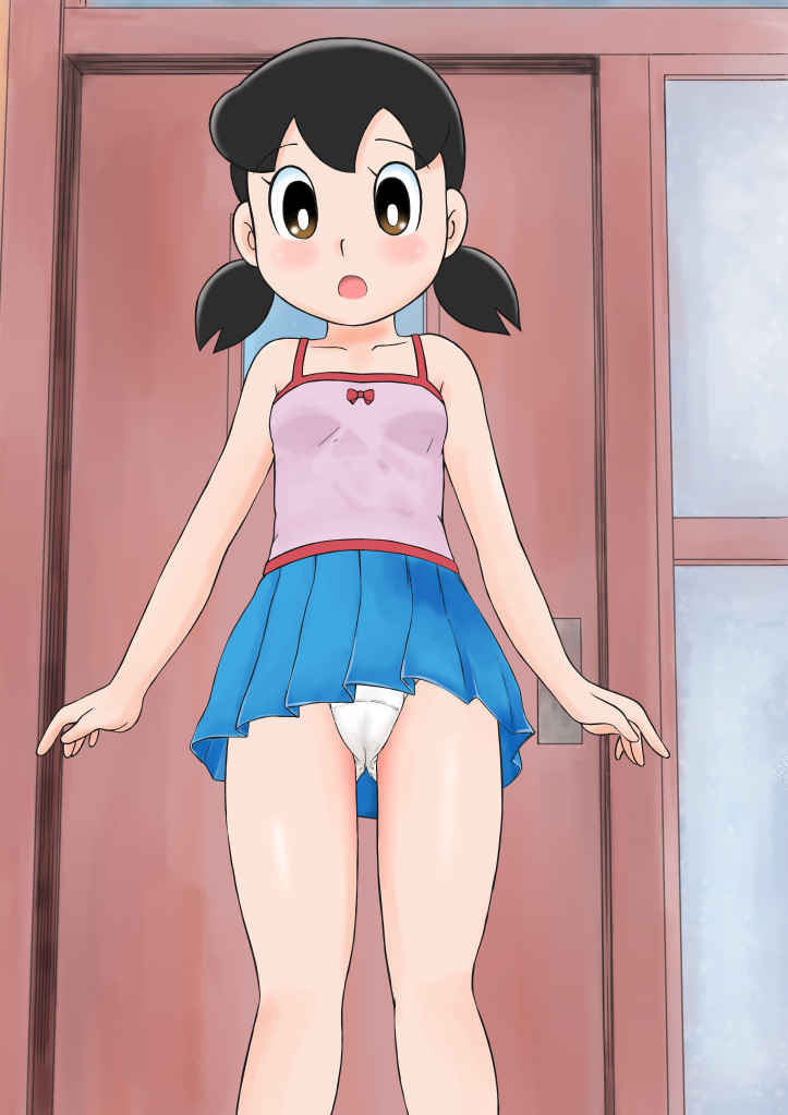 1girl black_hair blue_skirt blush bow breasts brown_eyes cameltoe collarbone crotch_seam door doraemon from_below loli looking_at_viewer looking_down low_twintails minamoto_shizuka open_mouth panties pink_shirt red_bow rozemimori shirt short_hair skirt small_breasts standing surprised tank_top twintails underwear upskirt white_panties