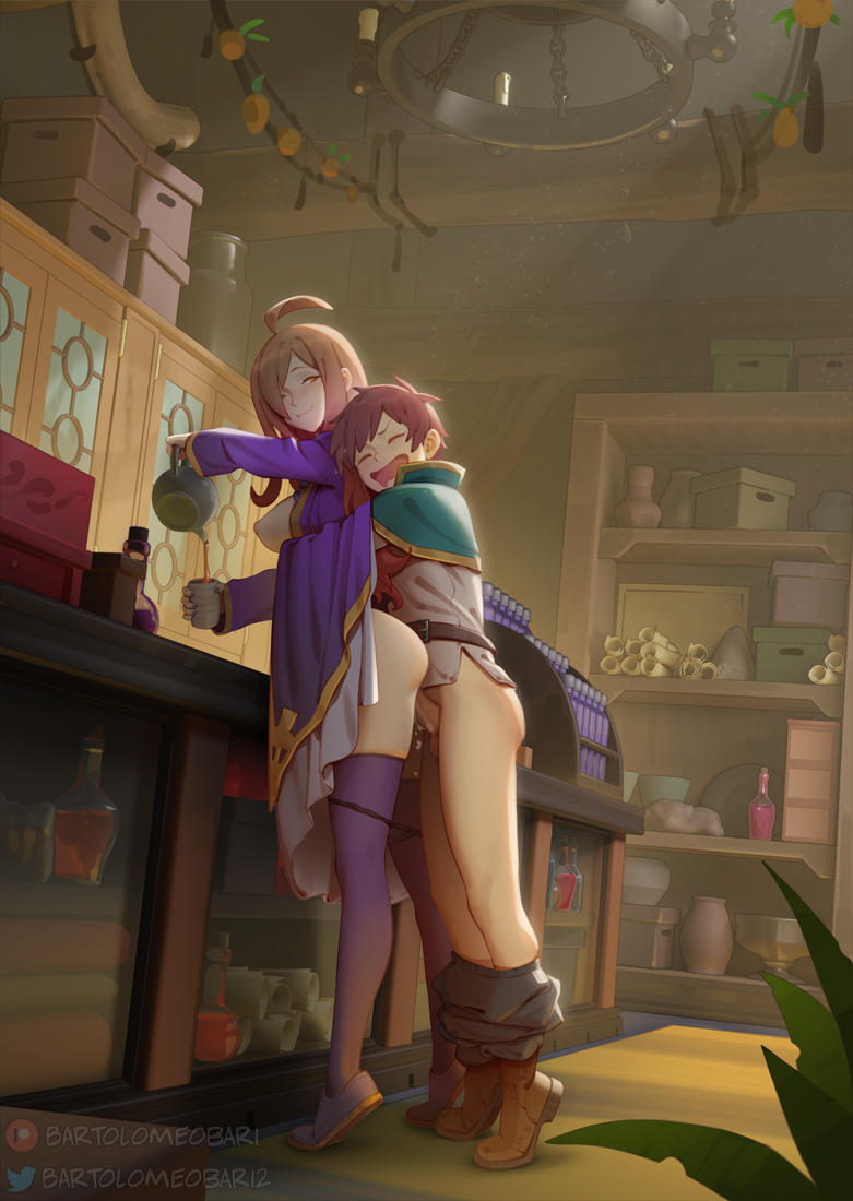 1boy 1girl 2020 age_difference bartolomeobari breasts breasts_out brown_eyes brown_hair closed_eyes clothed_sex clothes_lift clothes_pull cup dress dress_lift drooling flask full_body height_difference hetero hug hug_from_behind indoors kono_subarashii_sekai_ni_shukufuku_wo! large_breasts long_hair looking_back multitasking nipples open_mouth panties pants pants_pull panty_pull penis pouring purple_thighhighs satou_kazuma sex sex_from_behind short_hair smile standing standing_sex tall_female teapot teenage_girl_and_younger_boy thighhighs tiptoes uncensored underwear volumetric_flask wiz_(konosuba)
