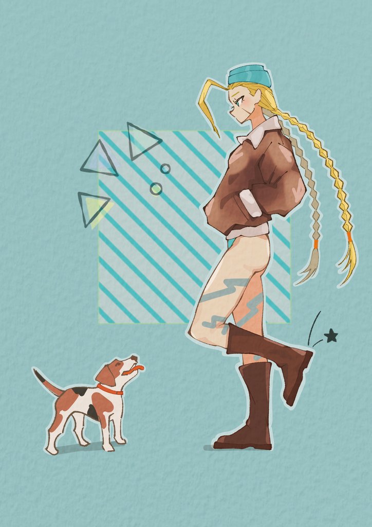 1girl 1other artist_request ass bare_legs beret blonde_hair blue_eyes blue_leotard bodypaint braid breasts cammy_white capcom dog expressionless gloves hat highleg highleg_leotard jacket leotard leotard_under_clothes lips long_hair looking_at_another shiny_skin street_fighter thick_thighs thighs twin_braids very_long_hair wide_hips