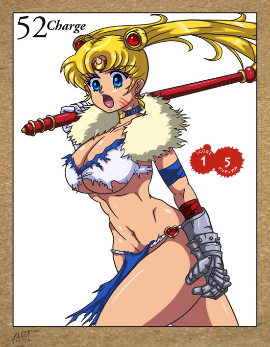 1girl bishoujo_senshi_sailor_moon blonde_hair blue_choker blue_eyes breasts choker circlet cleavage collarbone commentary crescent crescent_earrings desingahv double_bun earrings gauntlets hair_bun hair_ornament jewelry loincloth long_hair midriff navel open_mouth polearm sailor_moon simple_background single_gauntlet solo thick_thighs thighs toned torn_clothes tsukino_usagi twintails underboob weapon white_background