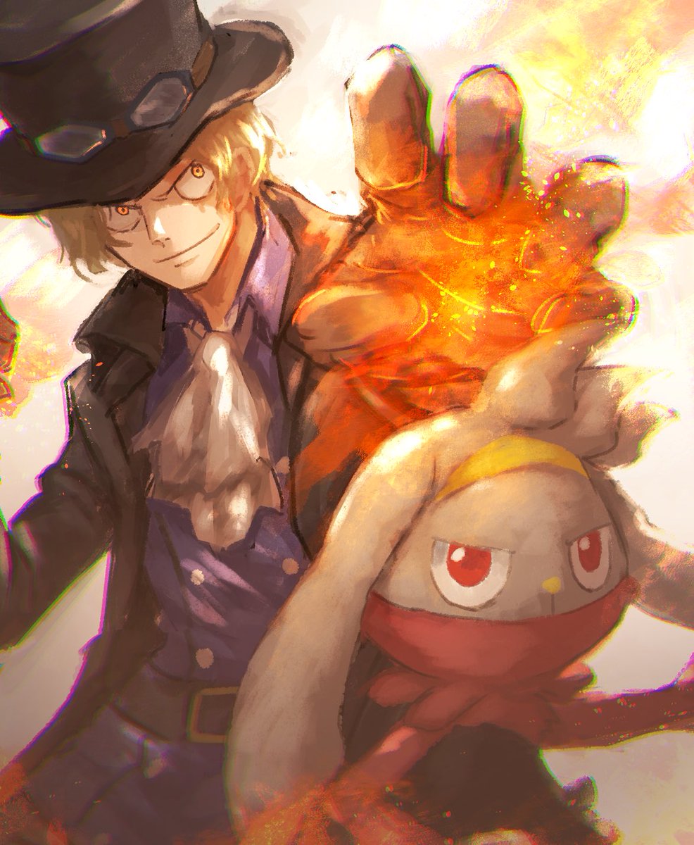 archived_source artist_request ascot bad_id bad_twitter_id belt blonde_hair blue_shirt buttons coat commentary_request gen_8_pokemon hat highres looking_at_viewer looking_up male_focus nintendo one_piece pokemon pokemon_(creature) potechi_norisio raboot red_eyes sabo_(one_piece) scar scar_on_face shirt simple_background smile top_hat upper_body white_ascot yellow_eyes