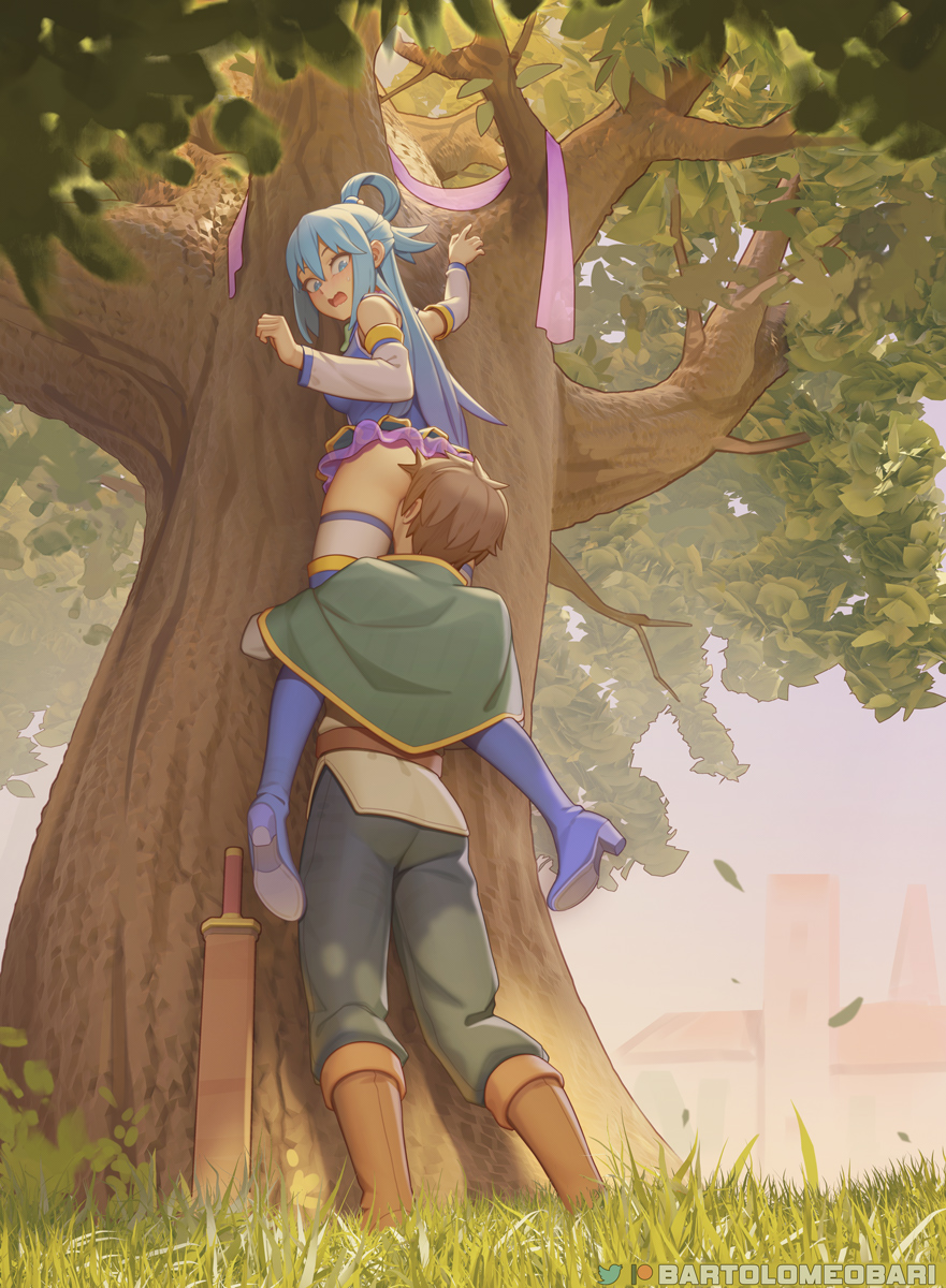 1boy 1girl aqua_(konosuba) artist_name bare_shoulders bartolomeobari black_pants blue_eyes blue_footwear blue_hair boots capelet carrying commentary day detached_sleeves english_commentary face_in_ass full_body grass green_capelet hair_between_eyes hair_ornament hair_rings half_updo hetero high_heel_boots high_heels highres kono_subarashii_sekai_ni_shukufuku_wo! leaf lifting_person long_hair looking_down no_panties open_mouth outdoors pants satou_kazuma sheath sheathed shoulder_carry sphere_hair_ornament surprised sword thigh_boots thighhighs tree twitter_logo weapon white_thighhighs